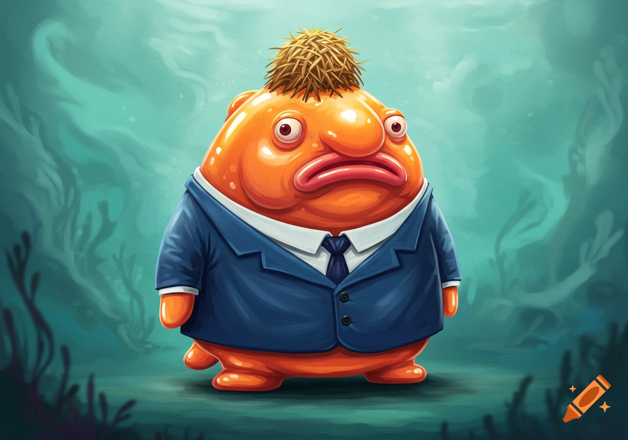 A cartoonish orange blobfish in an oversized blue suit and hay on its head, against an aquatic background.