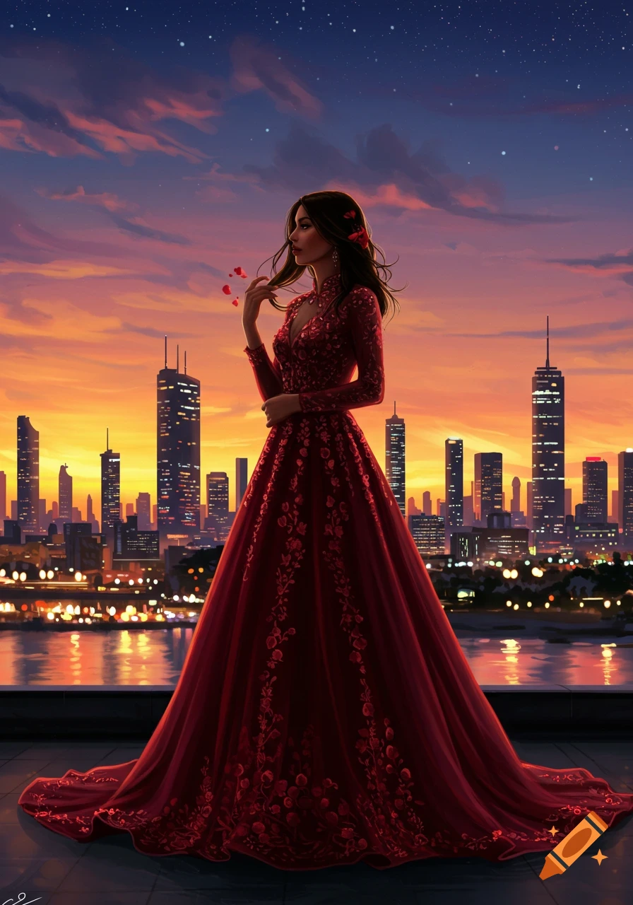 Elegant woman in a red gown on a rooftop at sunset, overlooking a city skyline, with rose petals.