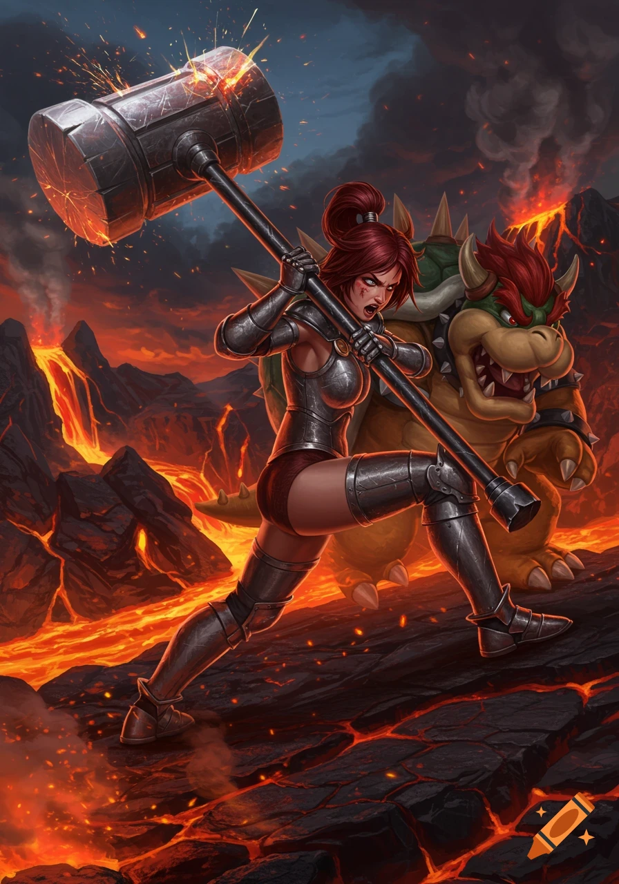 A female warrior in armor with a large hammer and Bowser on a volcanic landscape.