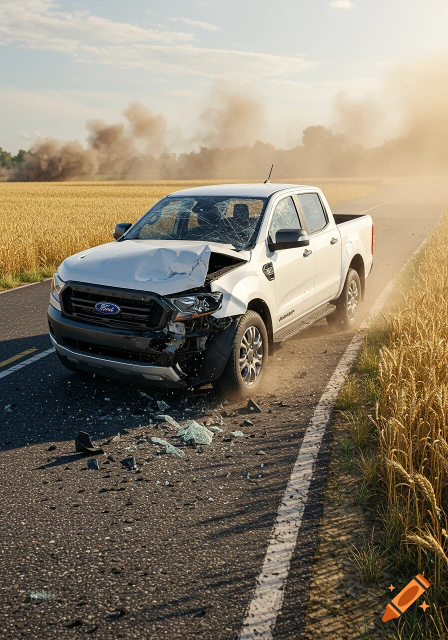 A white Ford Ranger pickup truck with front-end damage and a shattered windshield sits on a rural road with broken glass, smoke in the distance.