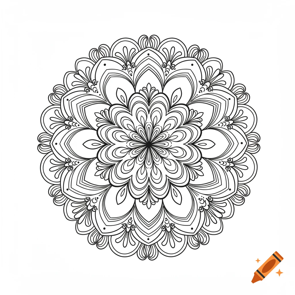 Intricate black and white circular mandala with bold outlines, centered on a white background.
