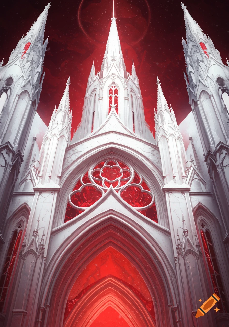 A grand white gothic cathedral with towering spires and glowing red windows against a deep red sky.