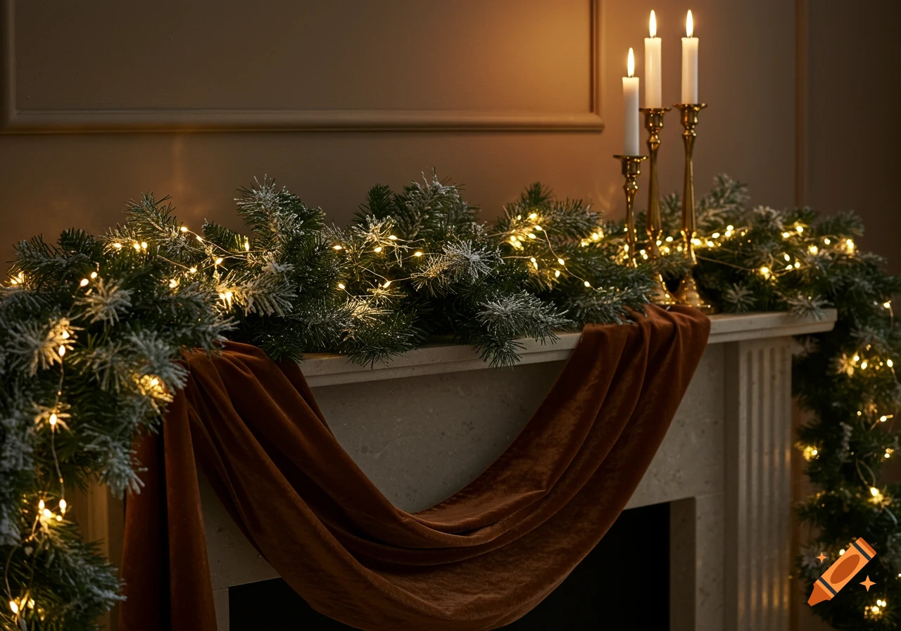 A fireplace mantel decorated with a frosted Christmas garland, fairy lights, three lit candles, and a brown velvet drape.