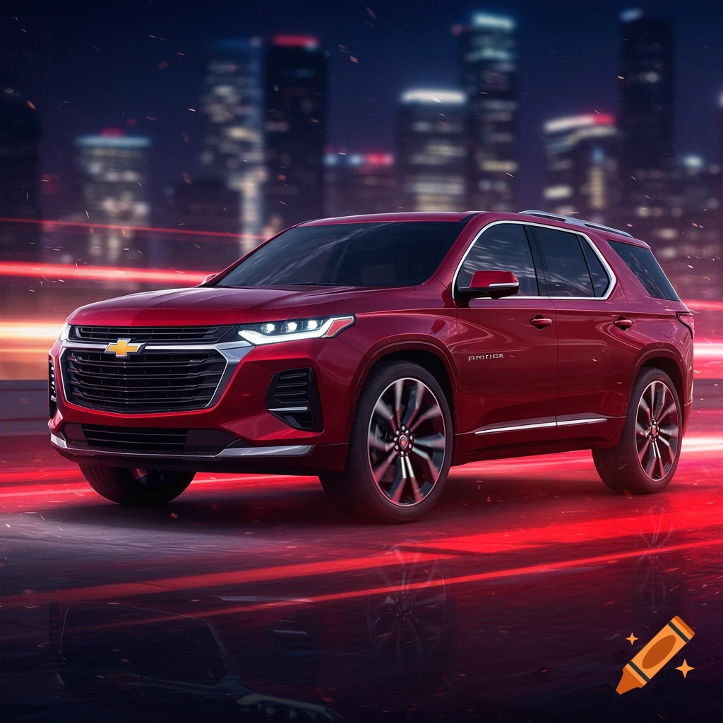 A red Chevrolet Traverse SUV drives at night on a wet street with red light trails and a blurry city skyline in the background.