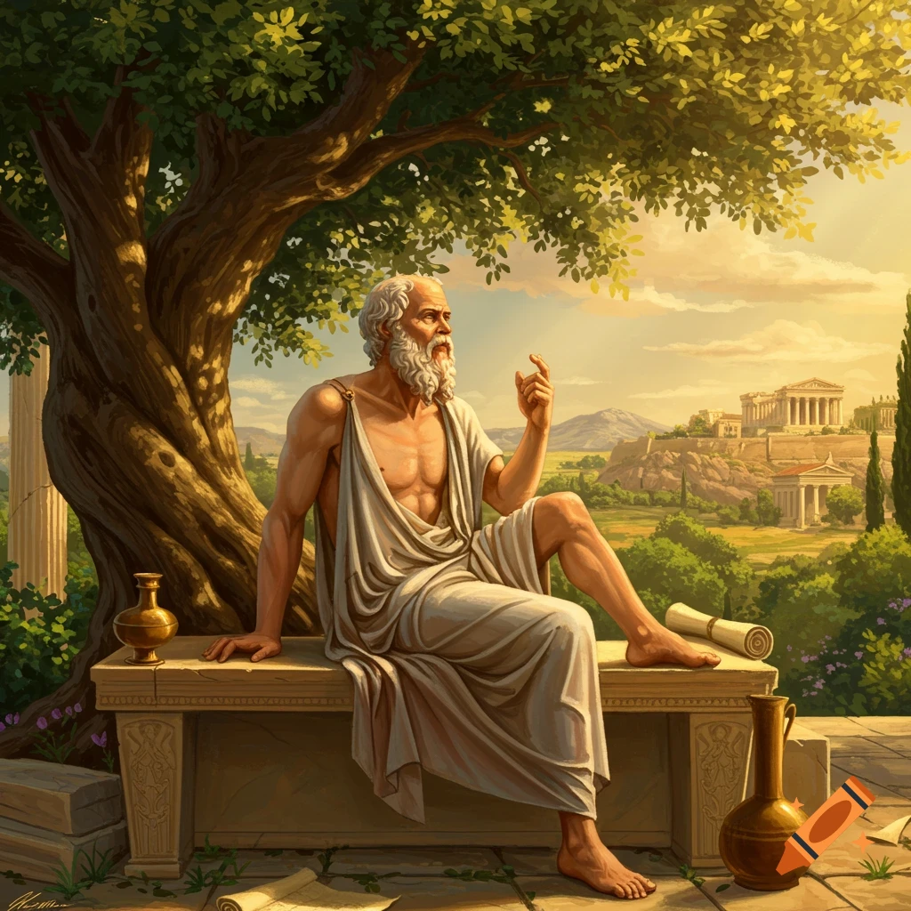 A seated philosopher, Socrates, under a tree, with ancient Greek ruins in the background, in a painterly style.