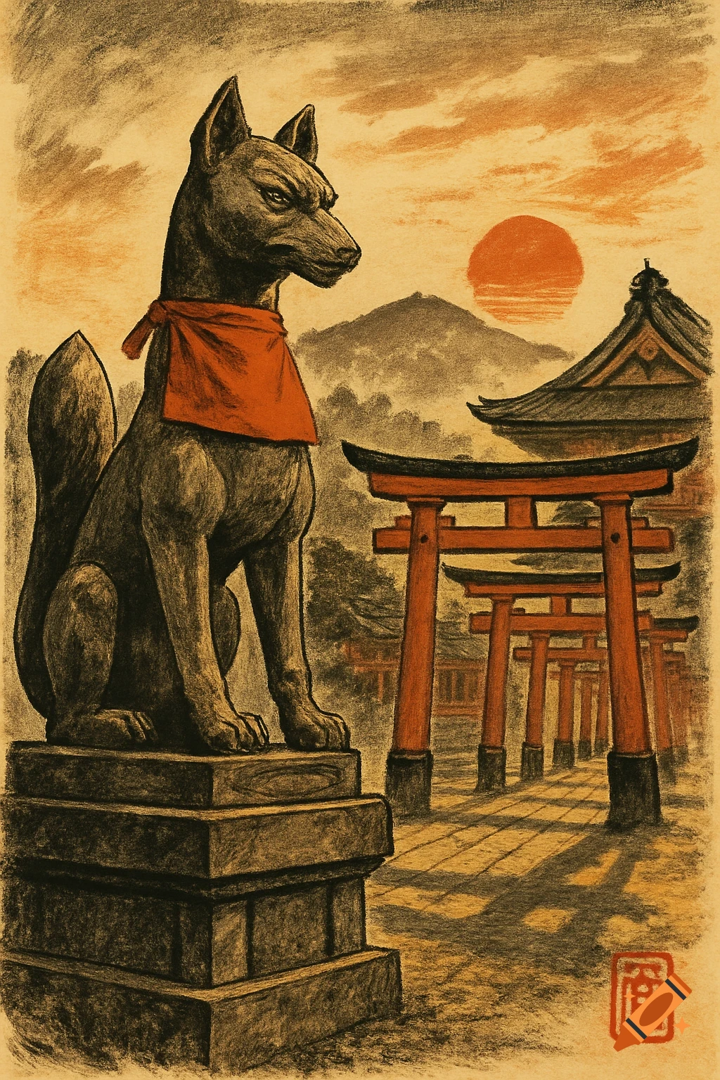 A dry brush drawing depicts a stone fox statue with a red bib, set against a backdrop of red torii gates, a temple, and a sunset in a Japanese landscape.
