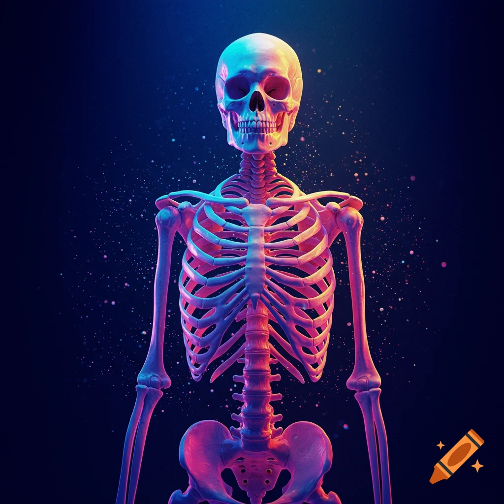 A stylized human skeleton in vibrant rainbow colors, illuminated against a dark, sparkling background.