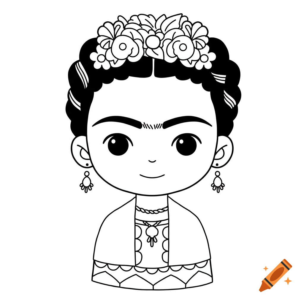 Black and white coloring book illustration of a chibi Frida Kahlo with a flower crown, earrings, and necklace.