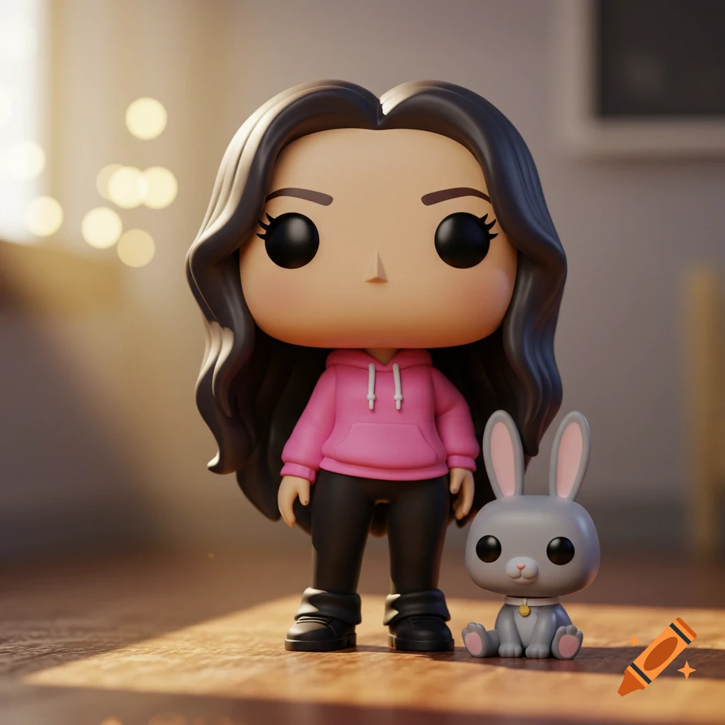 A female Funko Pop figure with long dark hair, wearing a pink hoodie and black pants, stands next to a small gray Funko Pop bunny on a wooden floor.