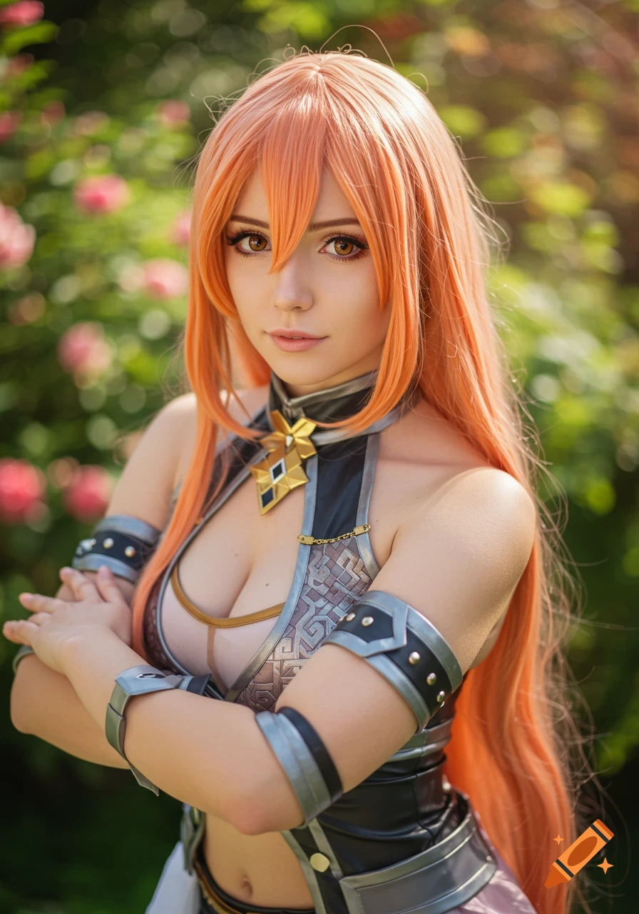 A woman with long orange hair and brown eyes wearing a fantasy-style costume with armor details, posing outdoors among green foliage and pink flowers.