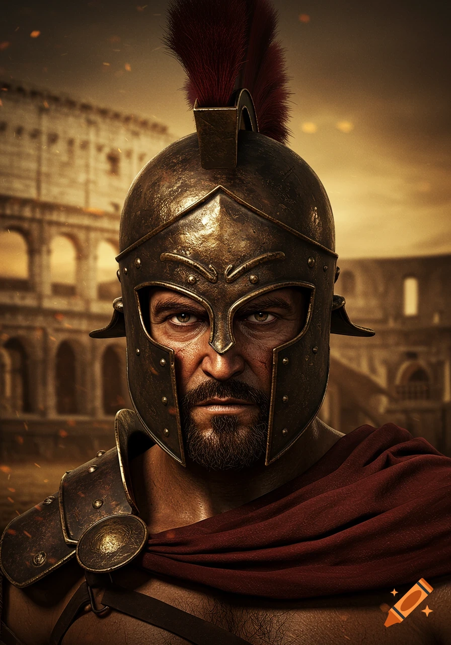 A photorealistic portrait of a bearded warrior in a bronze Spartan helmet and red cloak, with ancient ruins in the background.