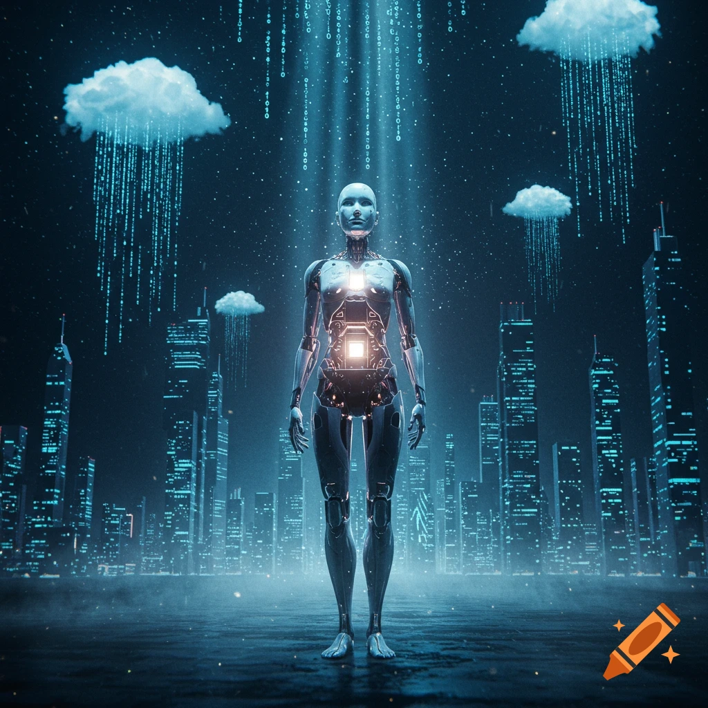 A glowing humanoid robot stands in a dark, futuristic city with binary code raining from clouds in a sci-fi digital art style.