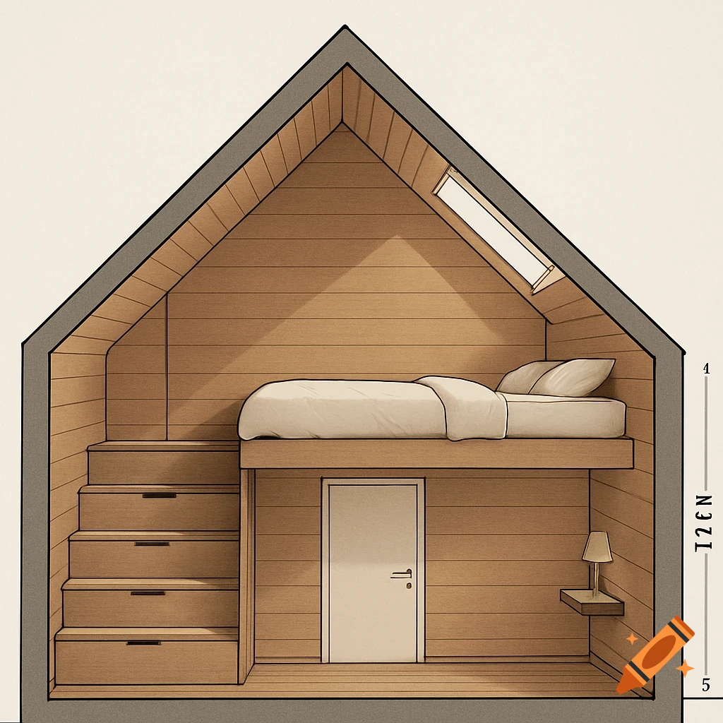 Clean architectural side section drawing of a cozy small attic bedroom with a raised bed, stairs with drawers, a door, and a skylight.