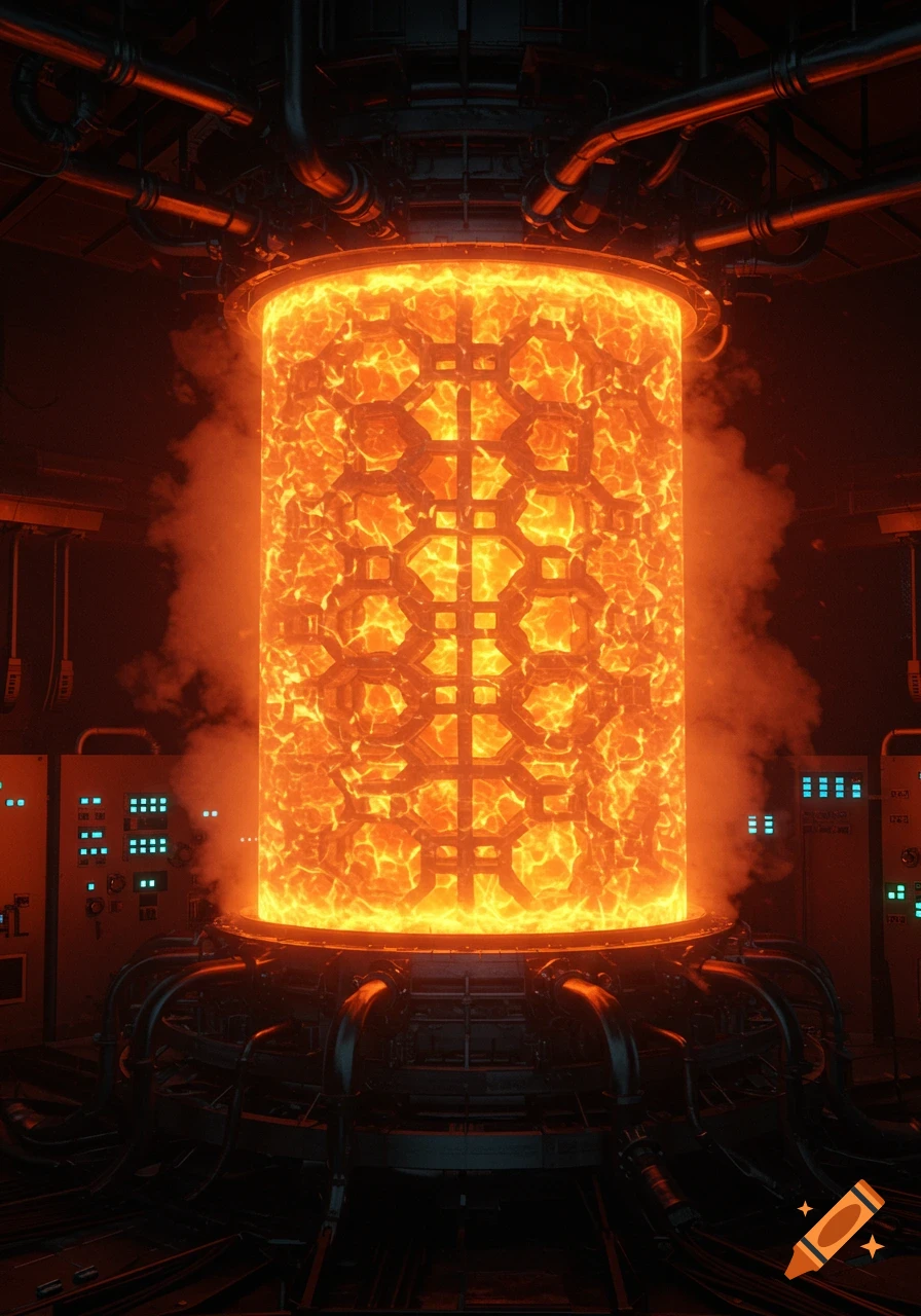 A glowing orange thermal reactor core with intricate geometric patterns, surrounded by pipes and control panels in a dark industrial setting.