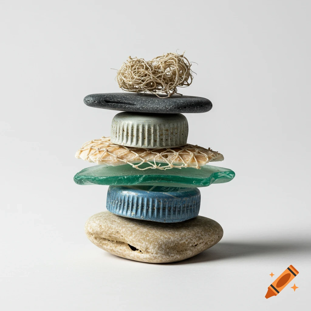 A stack of various beach found items including pebbles, sea glass, plastic caps, a shell, and dried fibers on a white background.