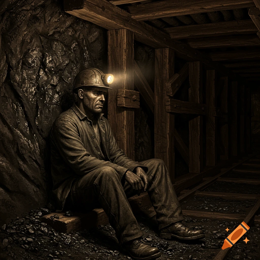 A somber painting of a weary coal miner in a hard hat with a lamp, sitting on a wooden beam among coal debris in a dark mine tunnel.