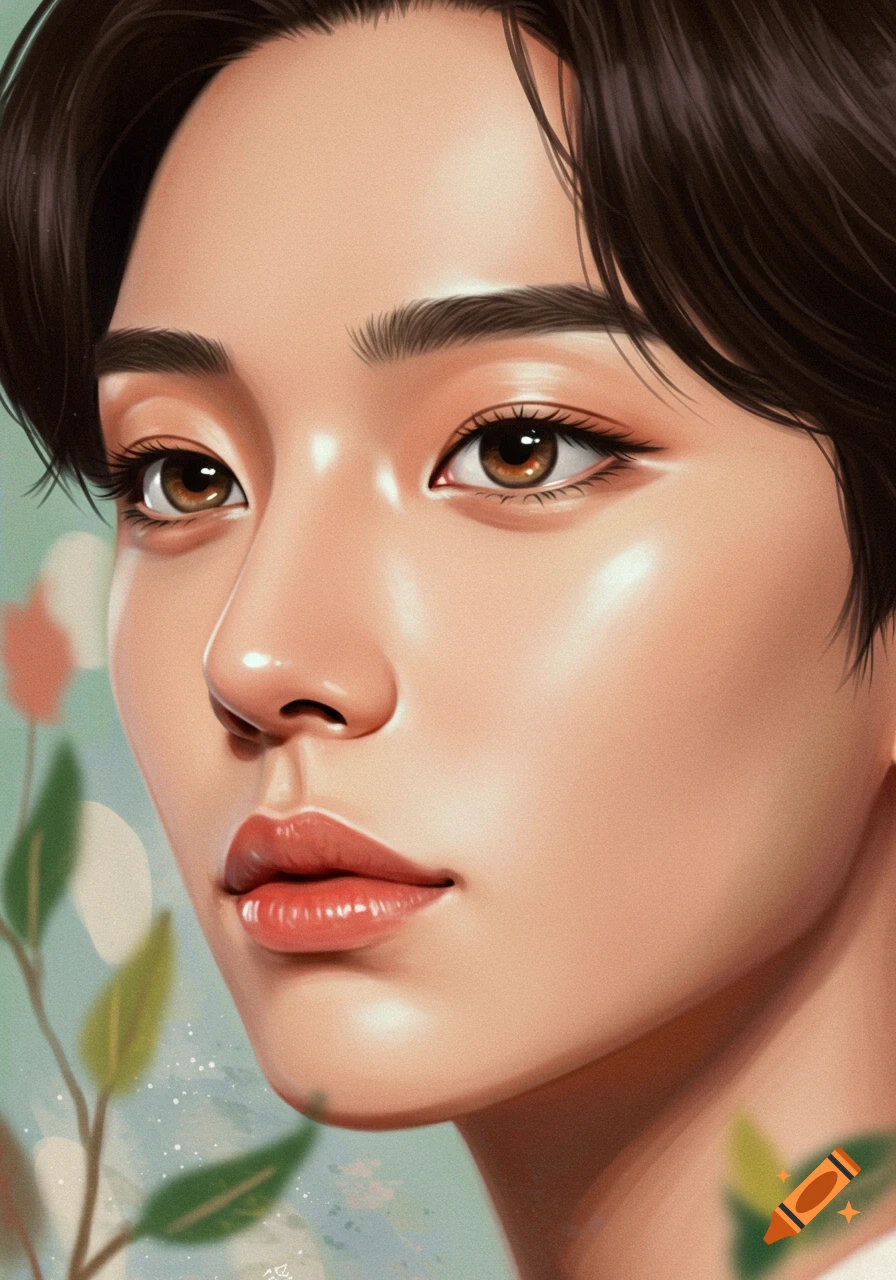 Close-up digital art portrait of a person's face in a 3/4 profile, with smooth skin, shiny lips, brown eyes, and dark hair.