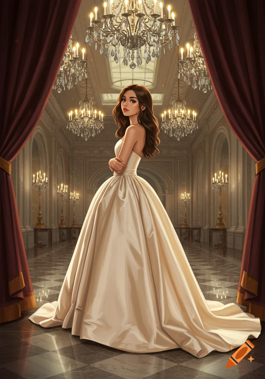 A young lady in a cream ball gown stands in a grand hall with chandeliers and red curtains, digital painting.