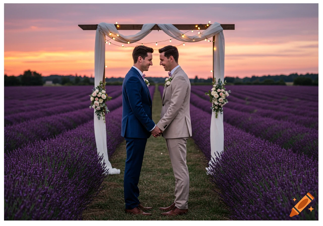 Two men in suits hold hands under a wedding arch in a lavender field at sunset, looking lovingly at each other. Photorealistic style.