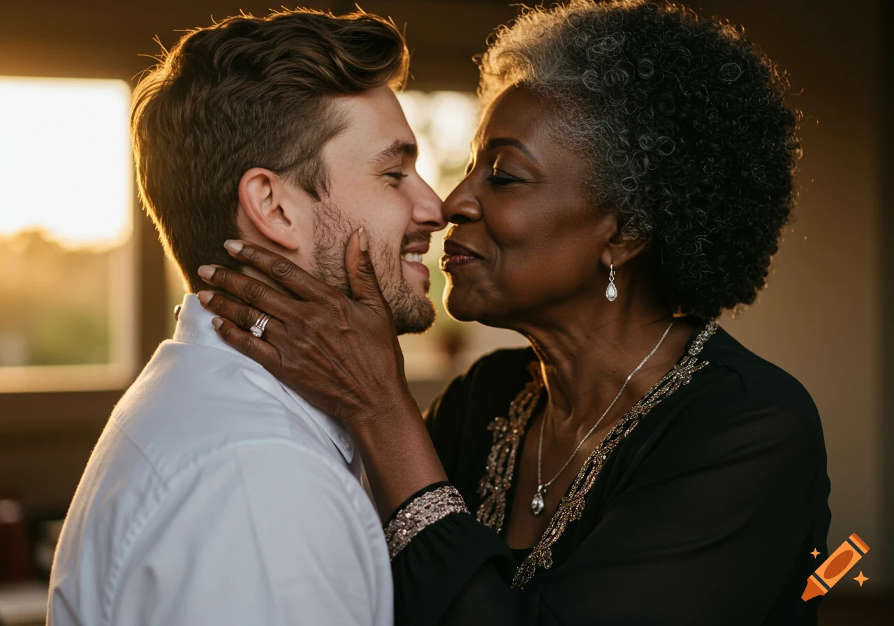A Black woman with silver nails gently kisses a younger White man's nose, backlit by golden sunlight.