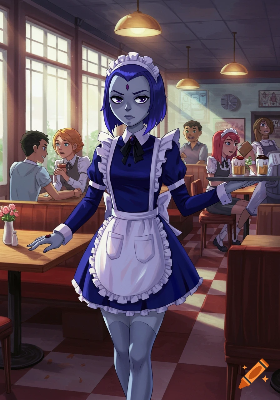 Raven from Teen Titans, dressed as a maid, reluctantly holds a tray in a bustling anime-style cafe.