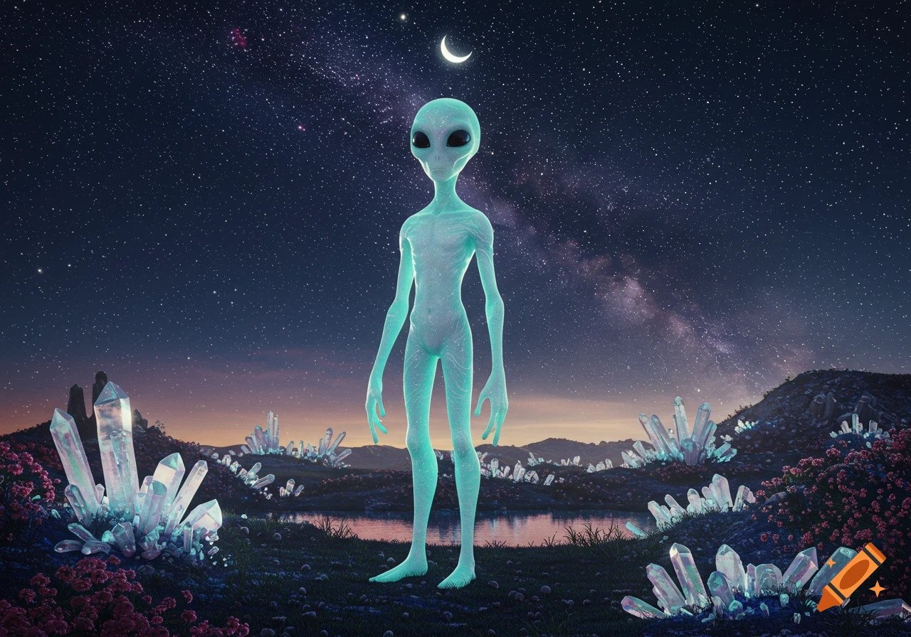 A tall, slender grey alien stands amidst glowing crystals and pink flowers under a starry night sky with a crescent moon.