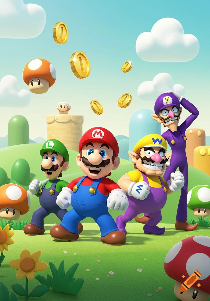 Mario, Luigi, Wario, and Waluigi pose in a colorful, cartoonish Super Mario landscape with floating coins and mushrooms.