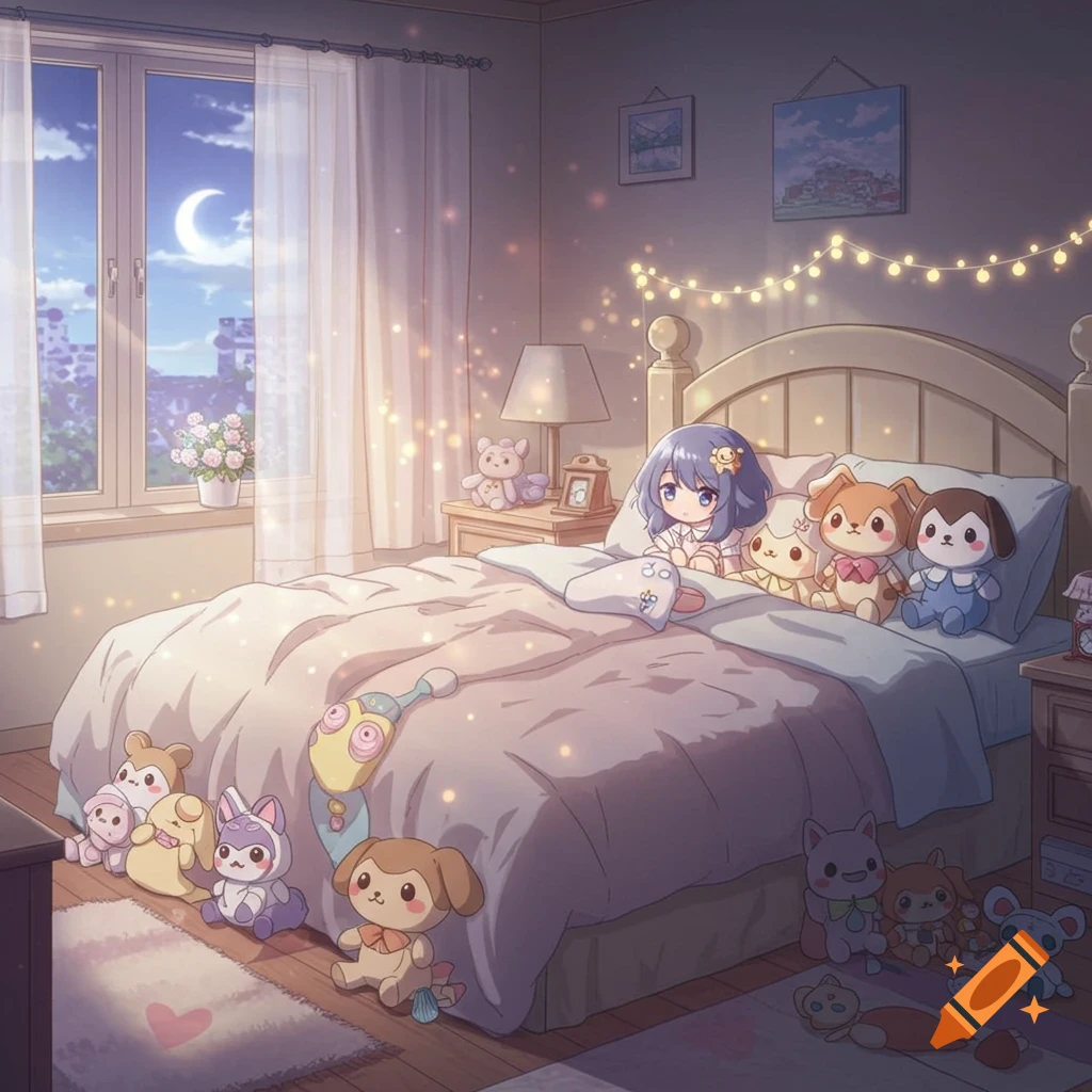 A cute anime girl with purple hair sits in a cozy bedroom bed, surrounded by numerous plushies. Moonlight shines through the window.