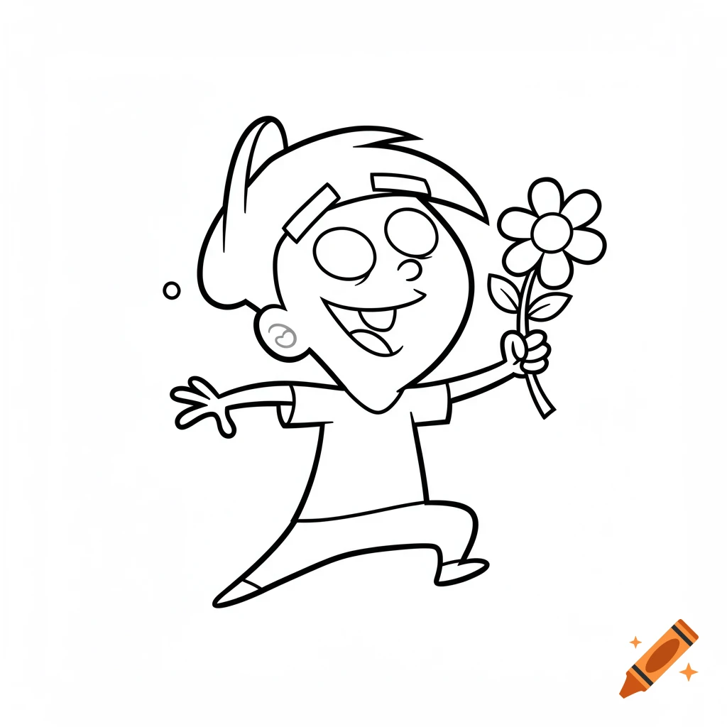 Black and white line art of a happy cartoon boy resembling Timmy Turner, dancing and holding a flower, in a coloring page style.