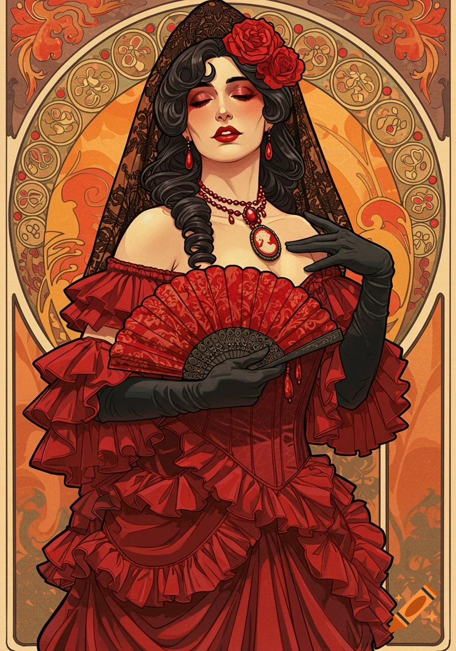 Art Nouveau style portrait of a Spanish opera singer in a red ruffled gown, black veil, and gloves, holding a fan.
