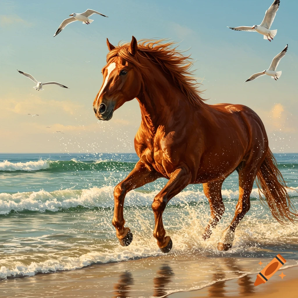 A brown horse with a white blaze gallops through the shallow ocean water on a sunny beach, with seagulls flying overhead.