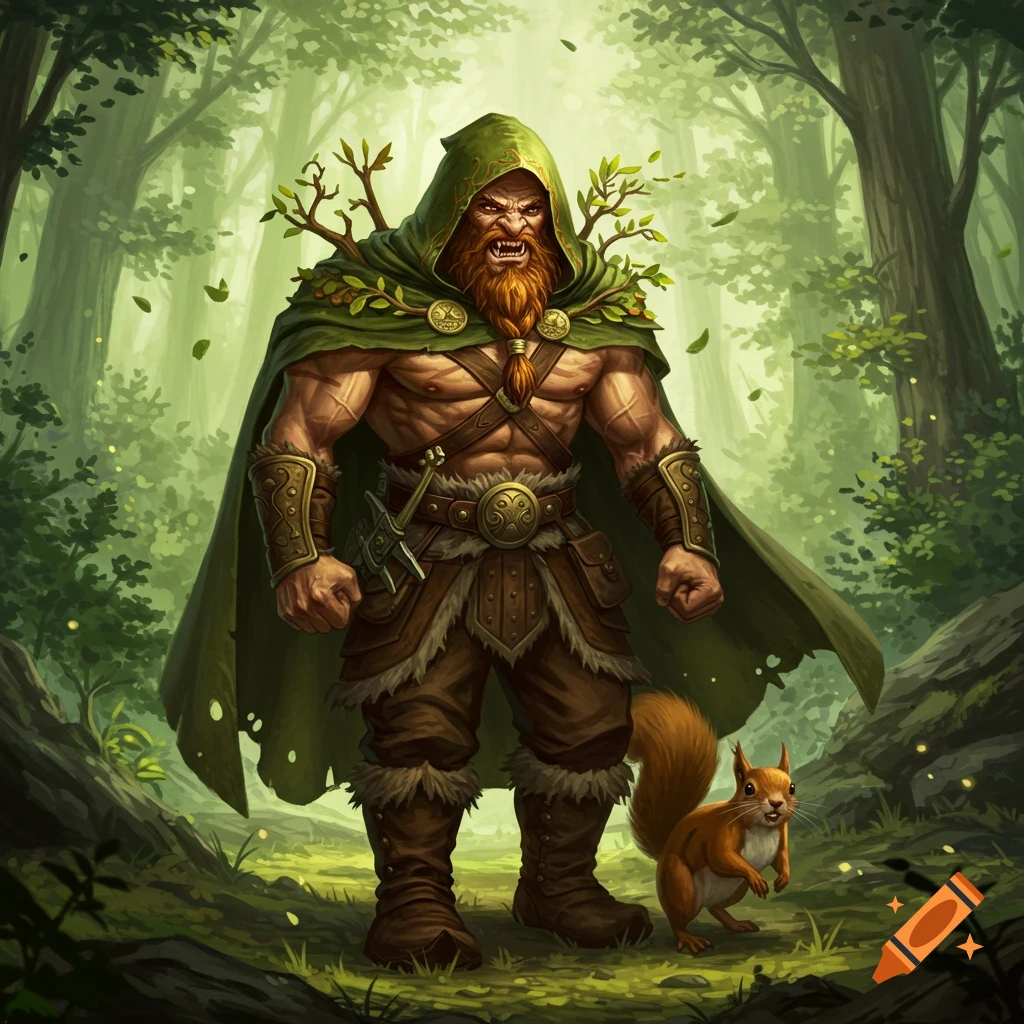 Muscular, snarling bearded gnome in a green cape stands in a mystical forest with a squirrel sidekick. Digital painting.