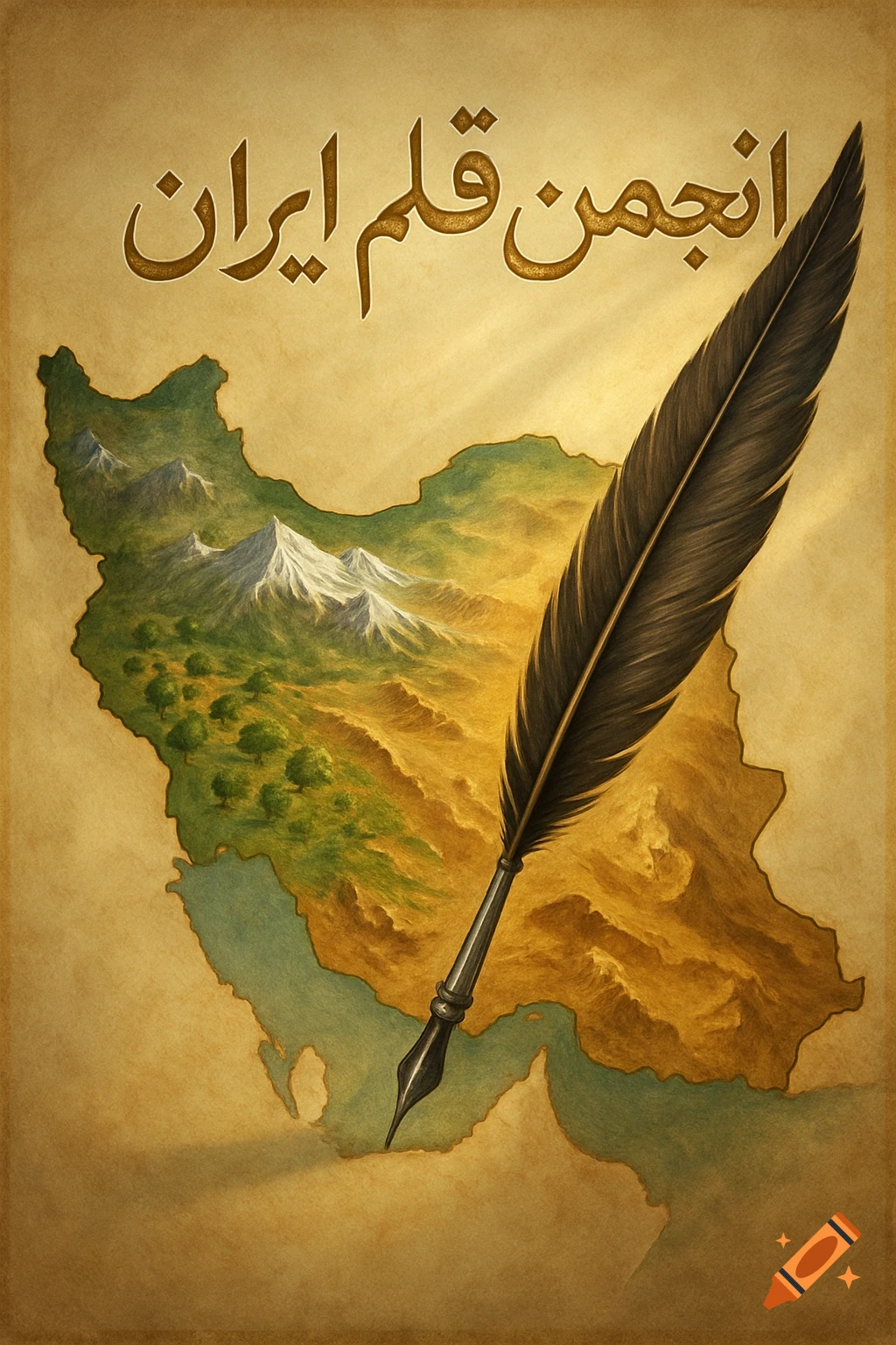 A vintage illustrative map of Iran with a quill pen laid across it, and the text " D8 A7 D9 86 D8 AC D9 85 D9 86 D9 82 D9 84 D9 85 D8 A7 D9 8A D8 30 D8 A7 D9 86 " (Anjoman Qalam Iran) at the top.