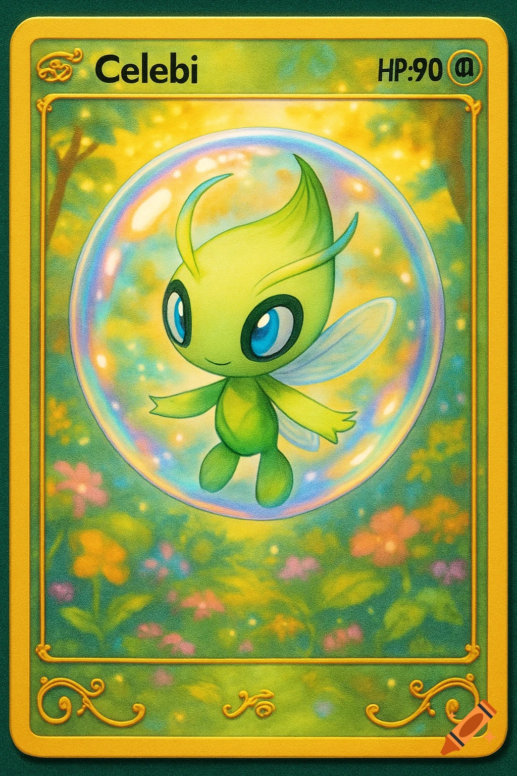 A colorful Pokemon trading card of Celebi in a sparkling bubble against a green forest background.