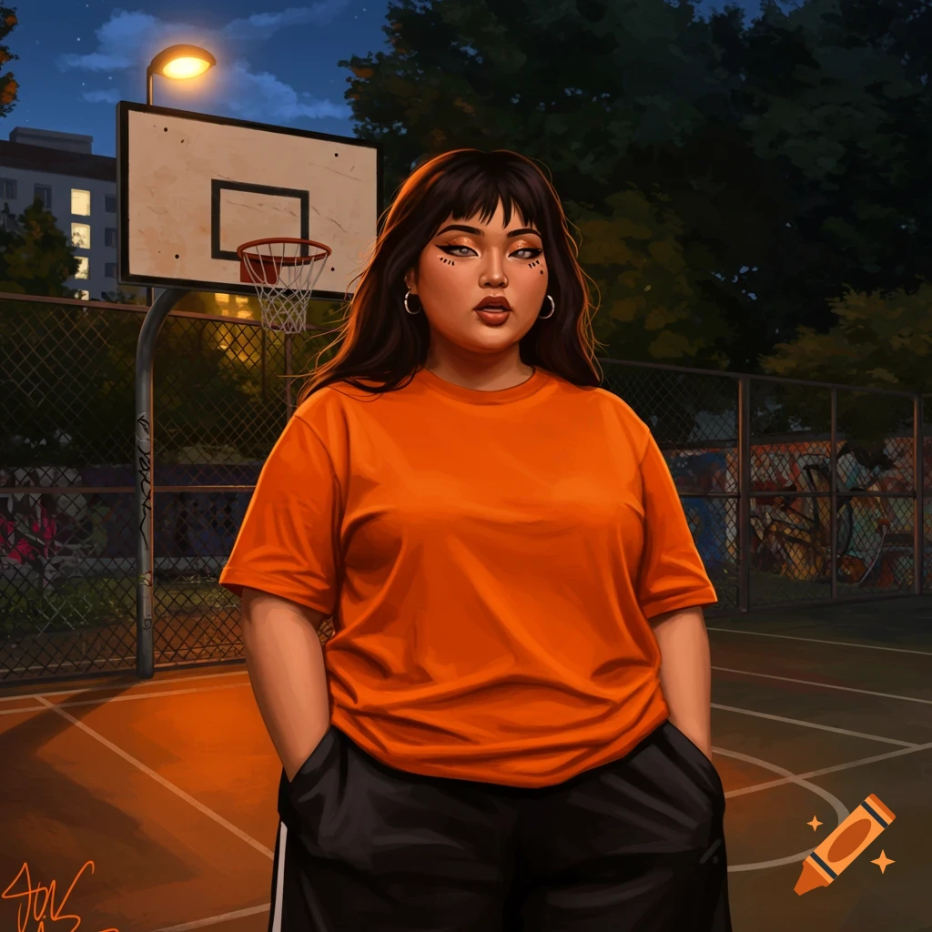 Illustration of an Asian woman in an orange t-shirt and black pants on a basketball court at dusk.