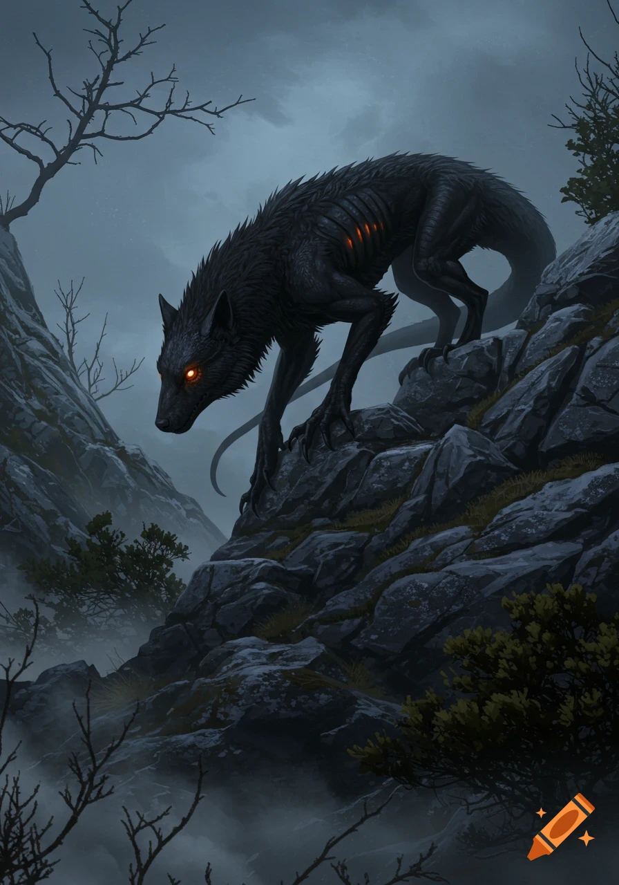 A dark, scaly, wolf-like creature with glowing red eyes and ribs climbs down a misty, rocky hill in a gloomy landscape.