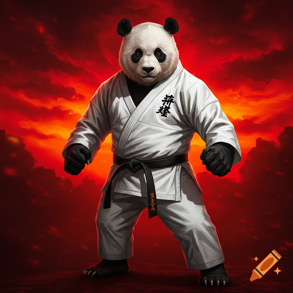An anthropomorphic panda in a white Kyokushin karate gi with a black belt stands in a fighting stance against a fiery red background.
