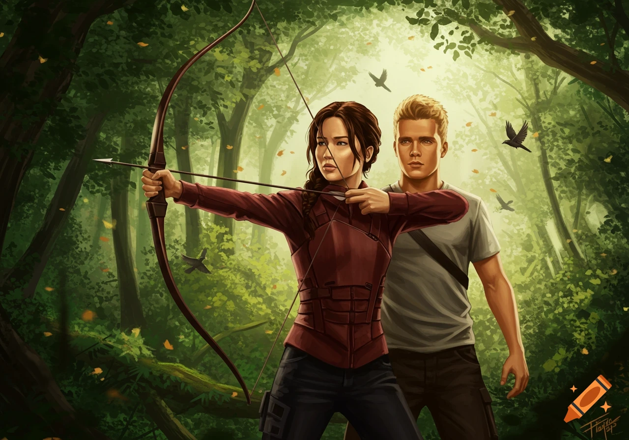 A digital painting of Katniss Everdeen aiming a bow and arrow in a sunlit forest, with Peeta Mellark standing behind her.