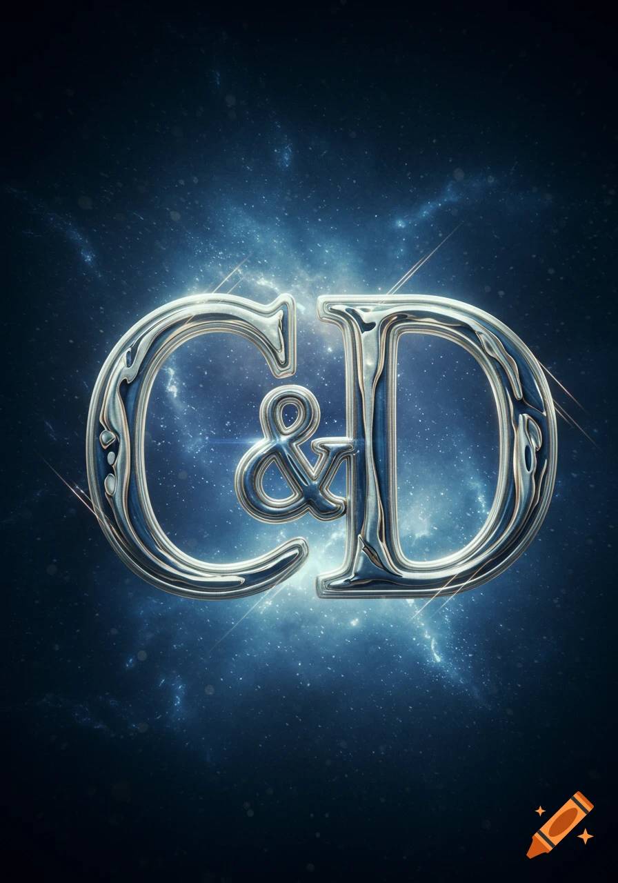 Stylized chrome letters 'C & D' shimmer against a dark blue cosmic background with bright stars and nebulae.