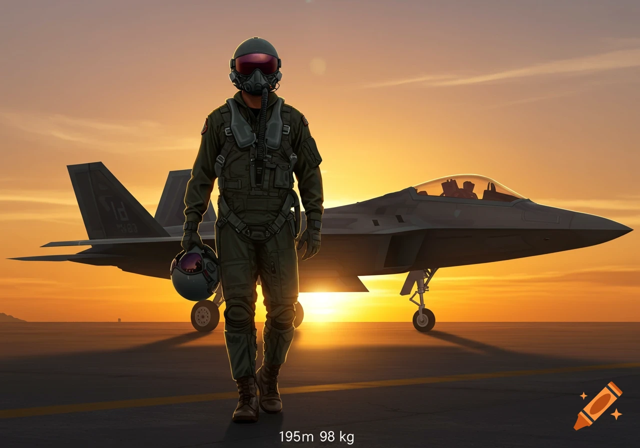 A fighter pilot in full gear, holding a helmet, walks on a runway in front of an F-22 Raptor jet during sunset. The sky glows orange and yellow.