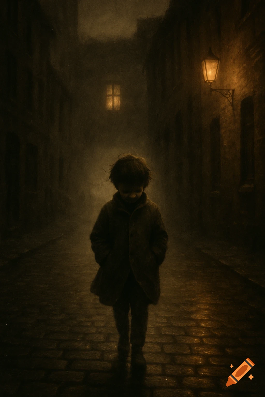 A lonely child walks down a dark, misty cobblestone street at night, lit by a distant streetlamp in a painterly style.