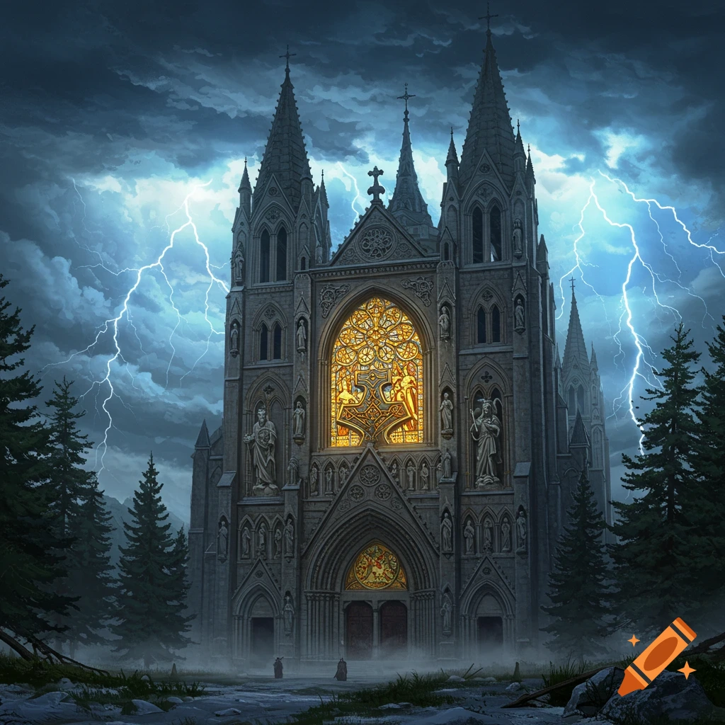 A dramatic rendering of a grand Gothic cathedral silhouetted against a dark, stormy sky with bright lightning strikes, surrounded by pine trees.