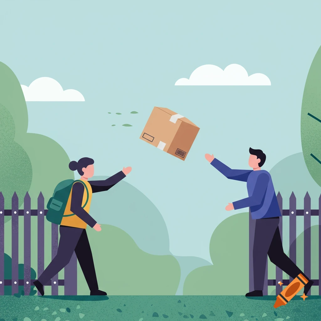 Two stylized people throwing a brown cardboard package over a dark fence, with a green landscape and blue sky.