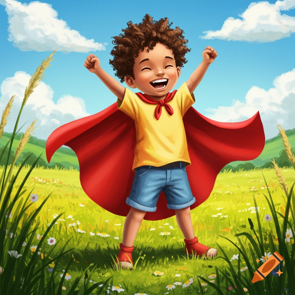 A joyful boy in a red cape and yellow shirt raises his arms in a sunny, grassy field, cartoon style.