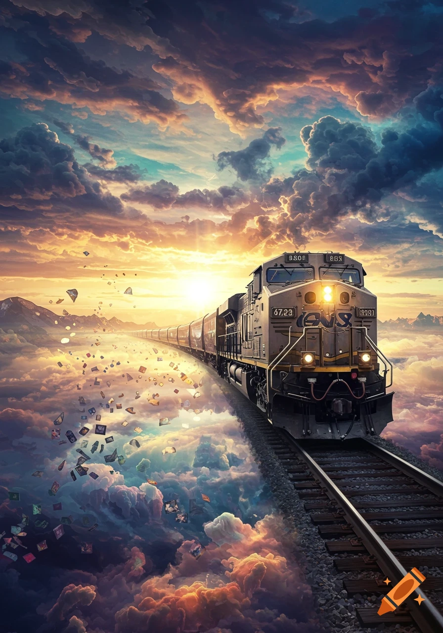 A freight train on tracks travels through a vibrant, cloudy sky with a setting sun, as abstract objects float around it.