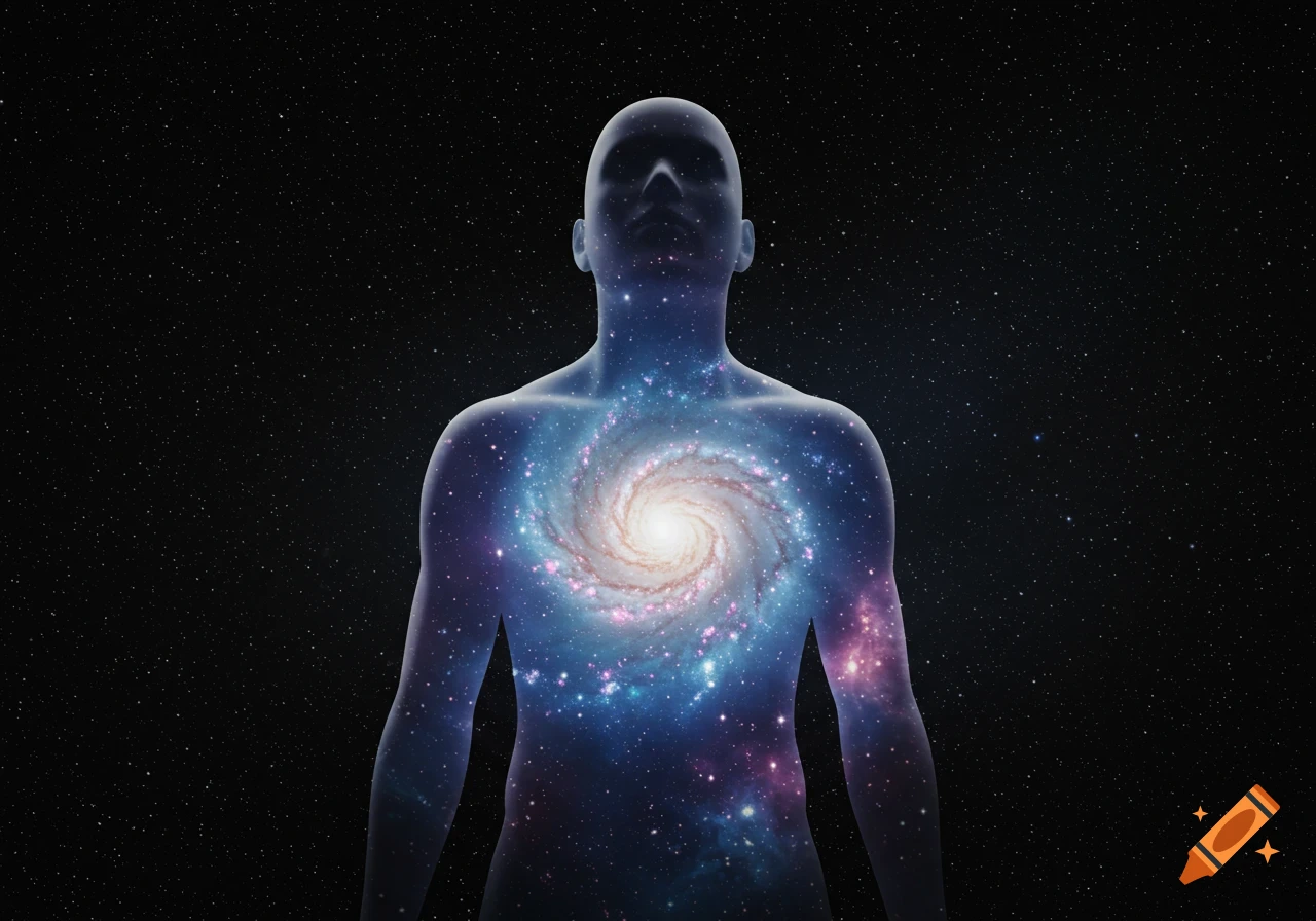 A translucent human silhouette reveals a swirling galaxy and stars within its chest, against a dark starry background.