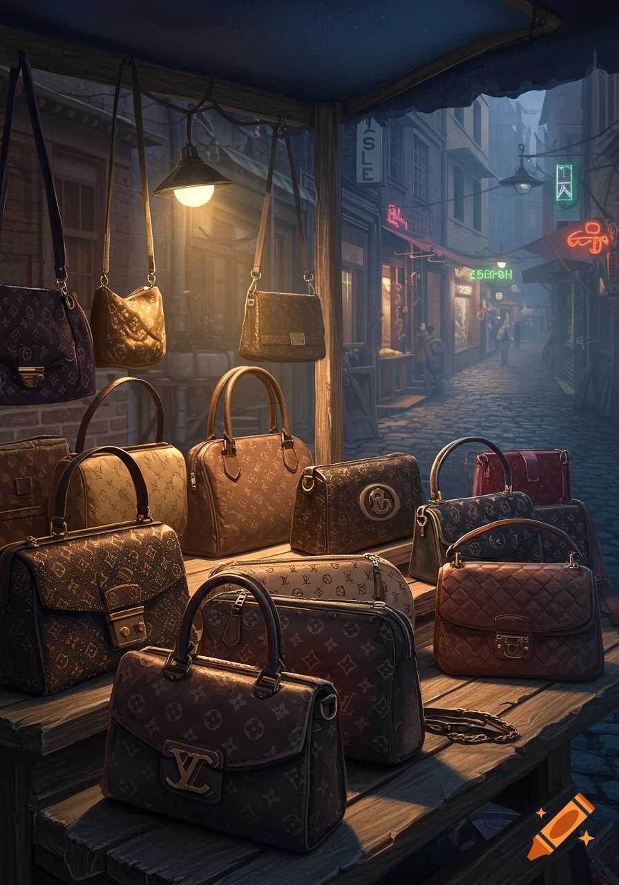 A nighttime street market stall displays numerous brown and black designer-style handbags under a glowing lamp, with a cobbled street and buildings in the misty background.