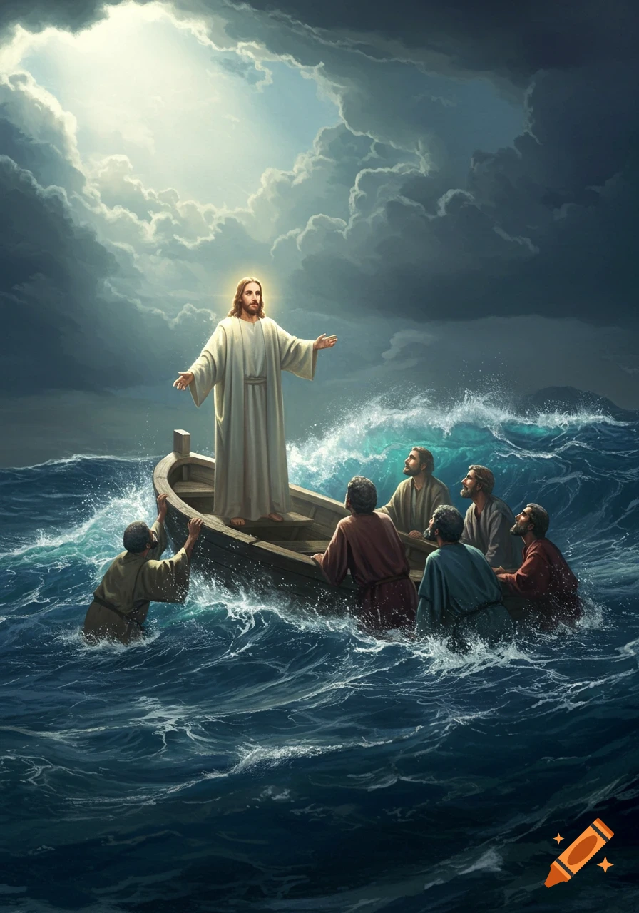 Jesus Christ stands in a wooden boat on a turbulent, dark sea, with disciples around him, some in the water. A bright light shines through stormy clouds above.