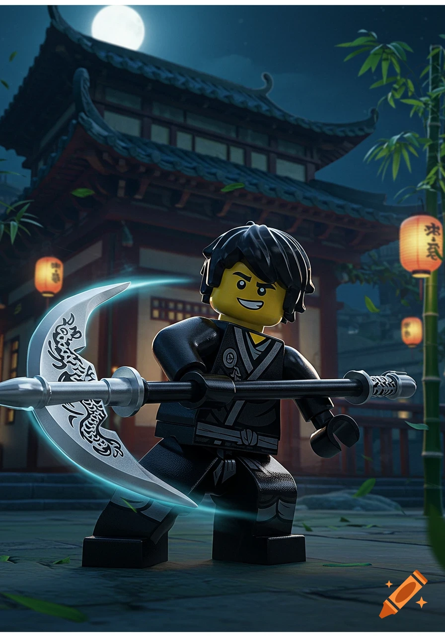 A Lego Ninjago character in a black gi holds a glowing scythe in a dynamic pose outside a traditional building under a full moon.