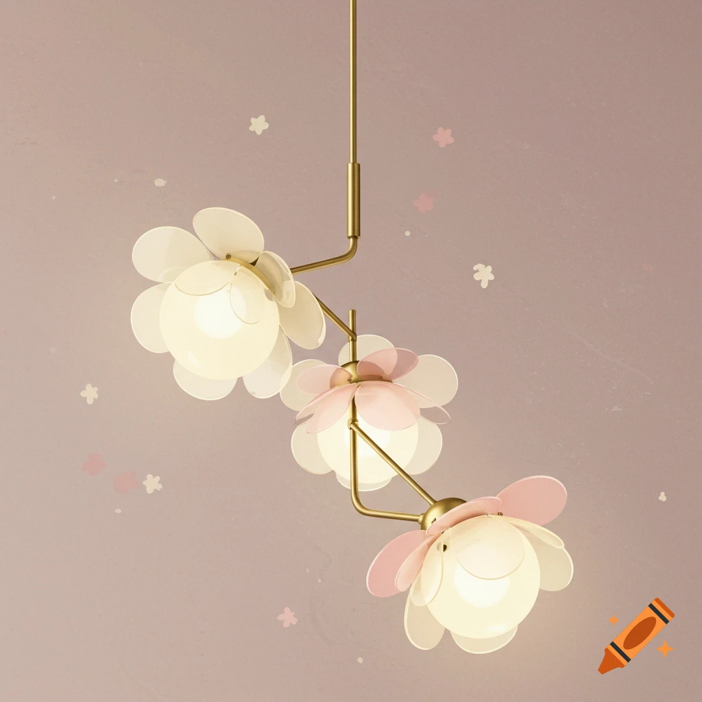 A decorative chandelier with three flower-shaped lights, featuring white and pink petals and brass accents, against a soft pink background.